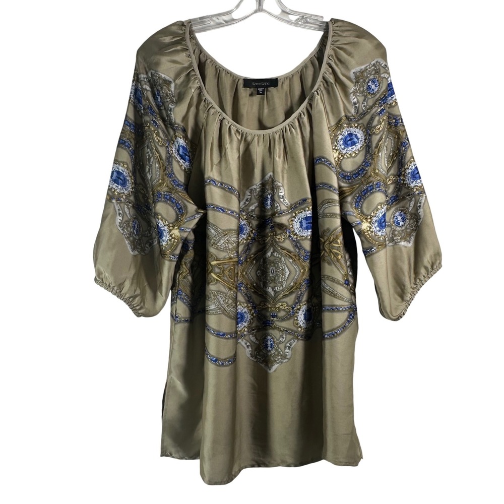 Karen Kane Womens 0X Plus Taupe Blue Ornate Medallion Chain Print Blouse USA